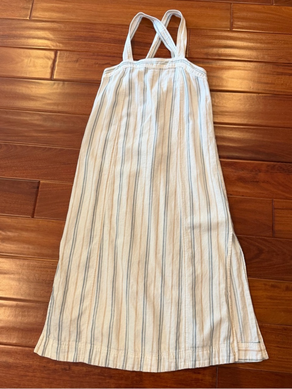 Madwell Linen-Cotton Princess-Seamed Midi Dress in Cream with Blue & Tan Stripes - Picture 2 of 6